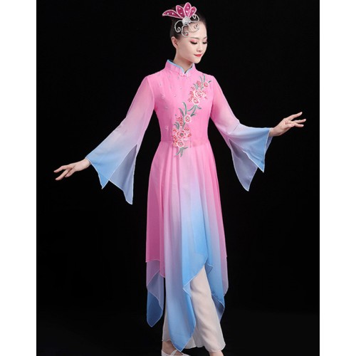 Women's pink fairy cosplay dress  hanfu dress chinese yangko umbrella fan dance dress costumes